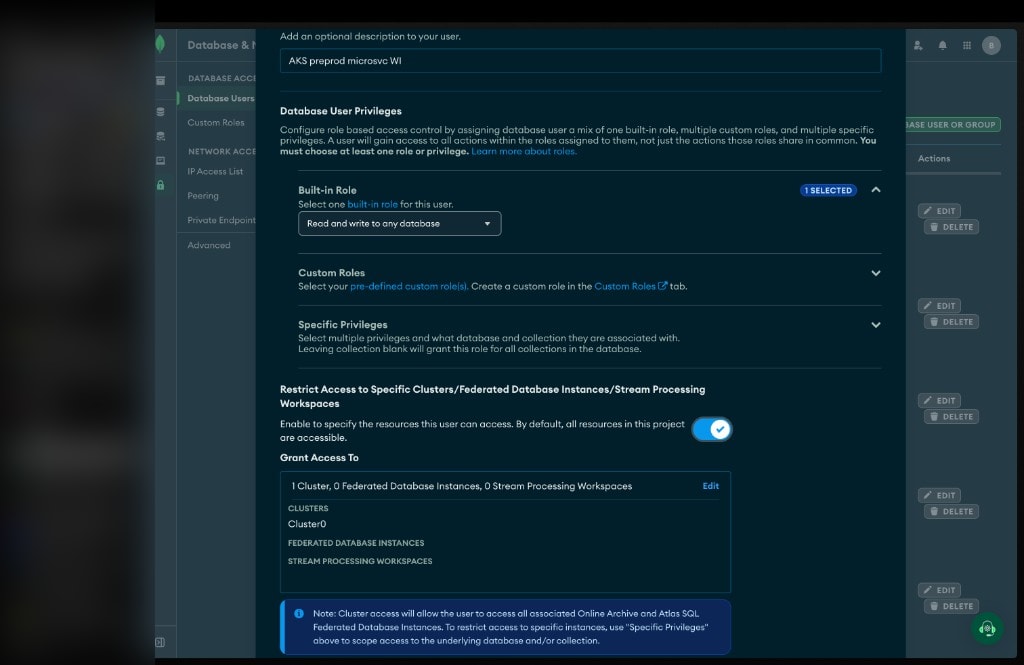 Database user roles and cluster restriction