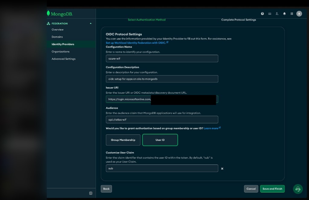 Atlas OIDC protocol settings issuer audience User ID