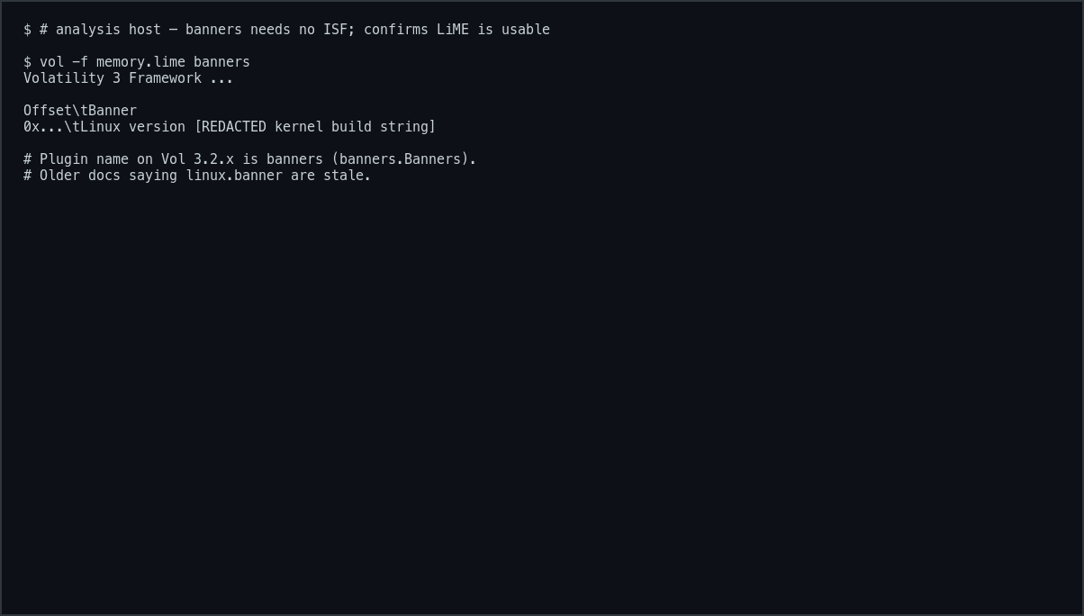 vol banners confirming a usable LiME image with kernel string redacted