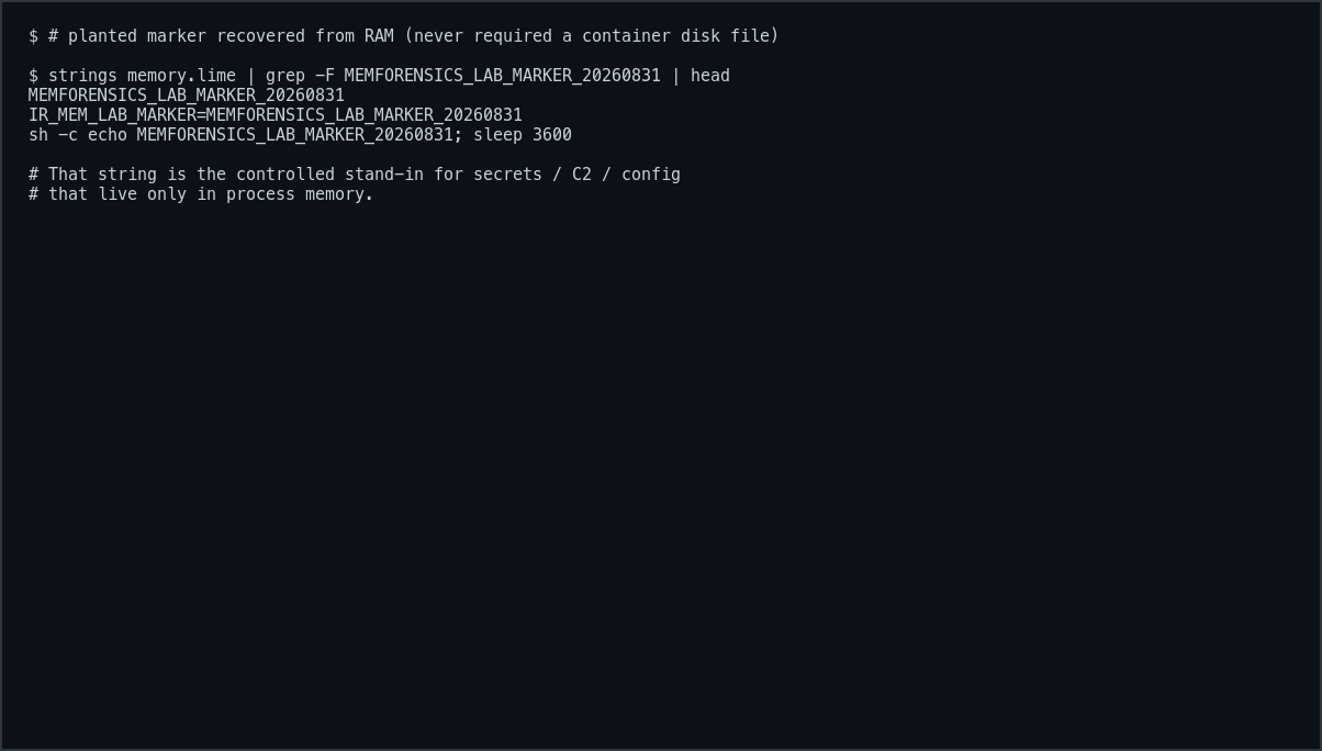 strings grep recovering the planted MEMFORENSICS_LAB_MARKER from the memory dump