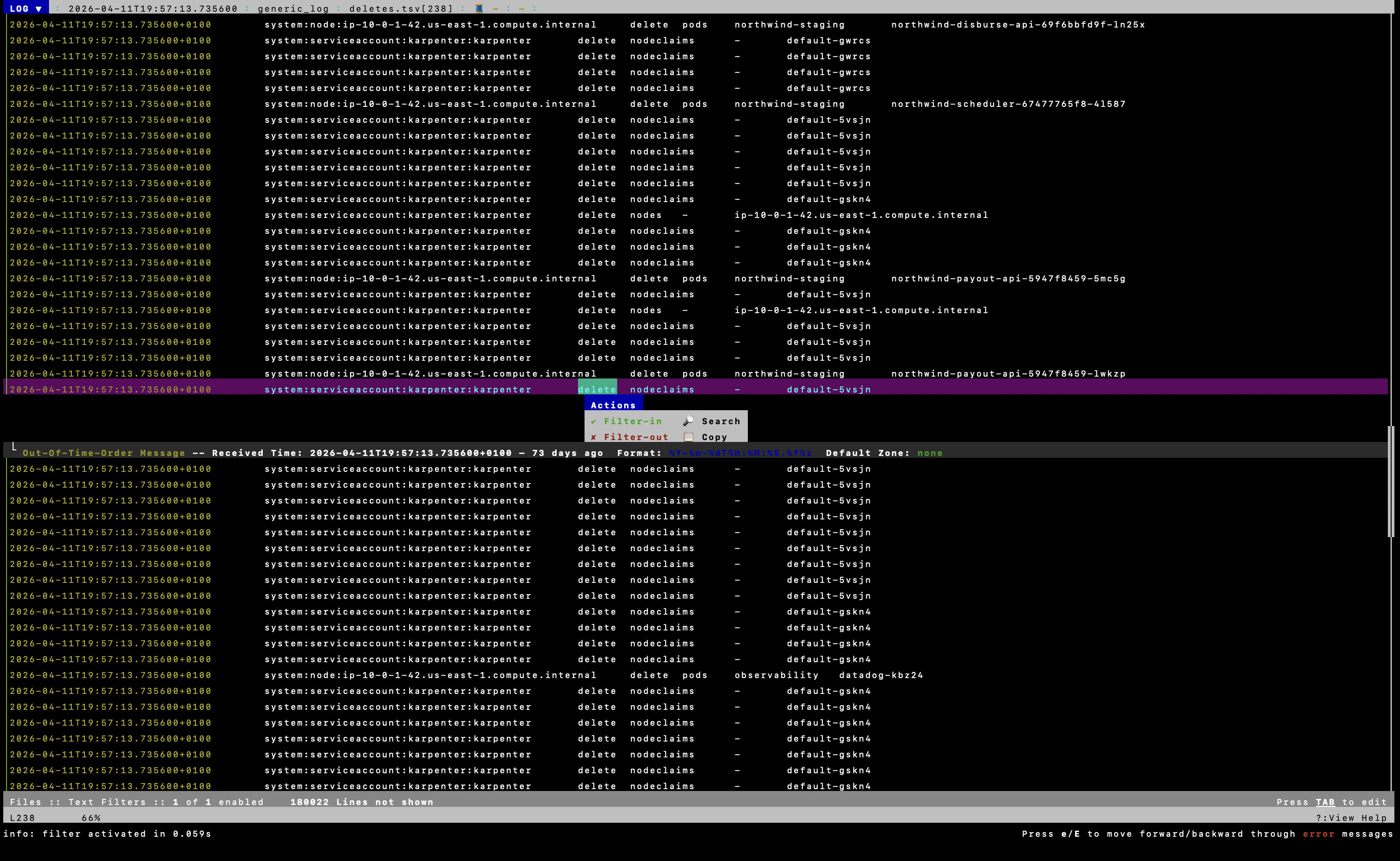 lnav filter-in command narrowing audit log results