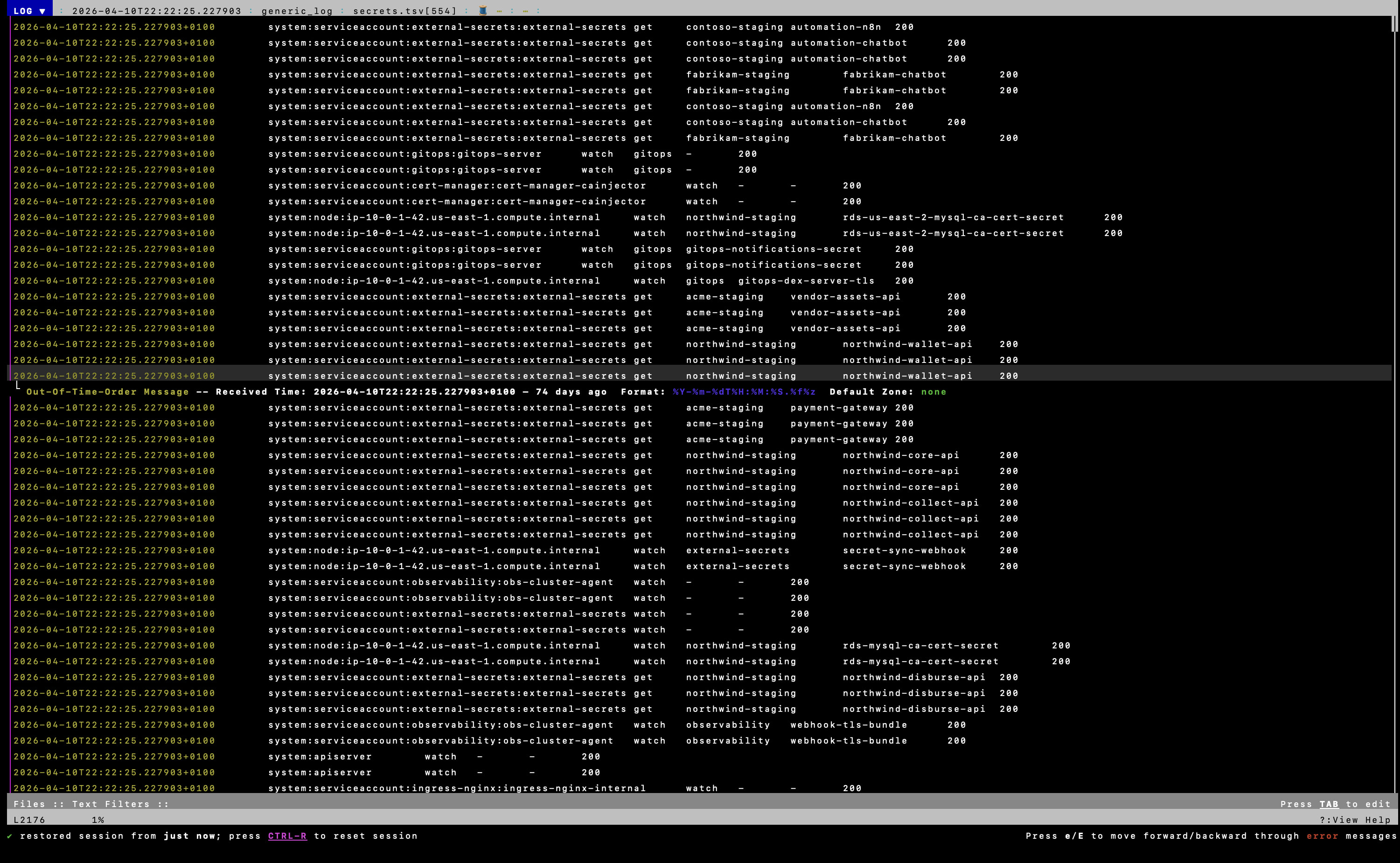 lnav timeline with multiple audit TSV slices open