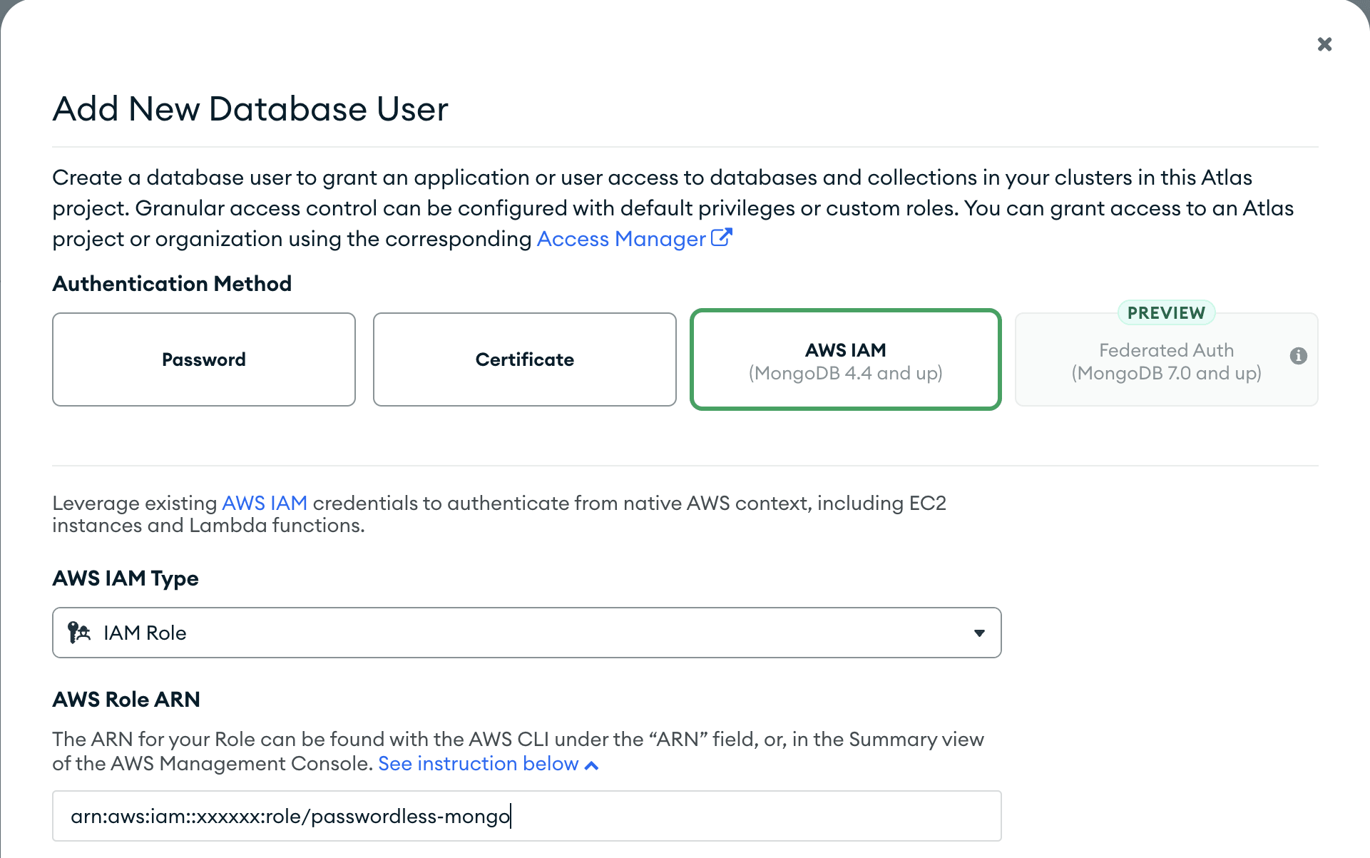 passwordless mongodb add iam role