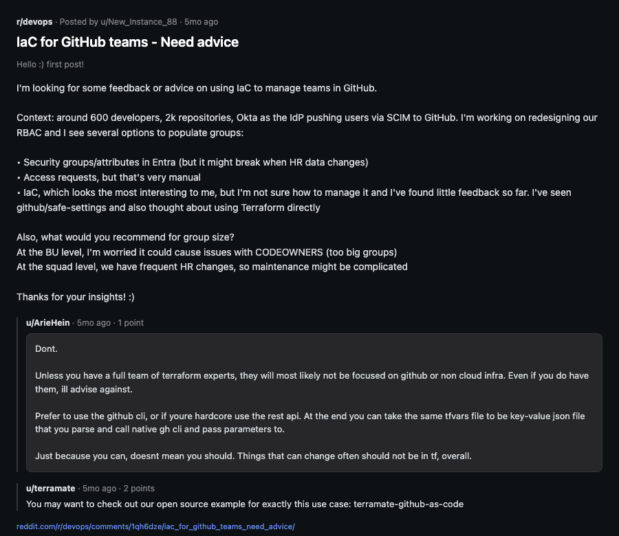 Reddit r/devops thread: IaC for GitHub teams - Need advice
